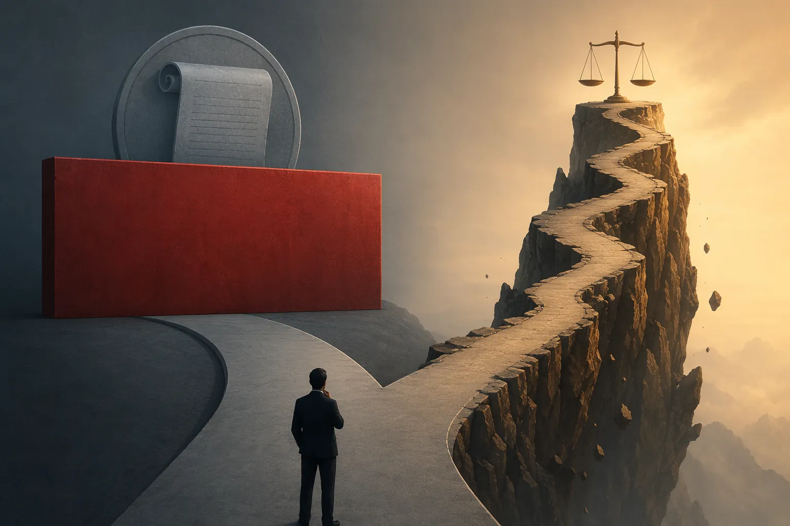 Diverging legal paths showing a blocked statutory claim and a narrowing constitutional claim