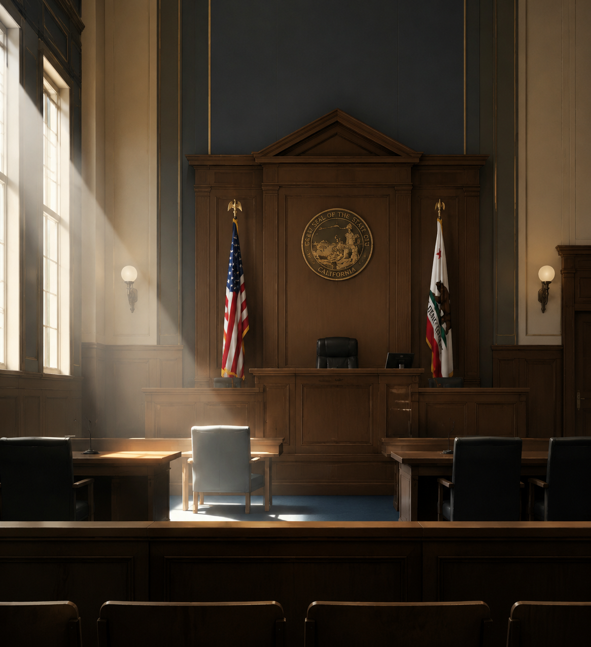 Calm California courtroom interior with judge's bench, counsel tables, and an empty defense chair