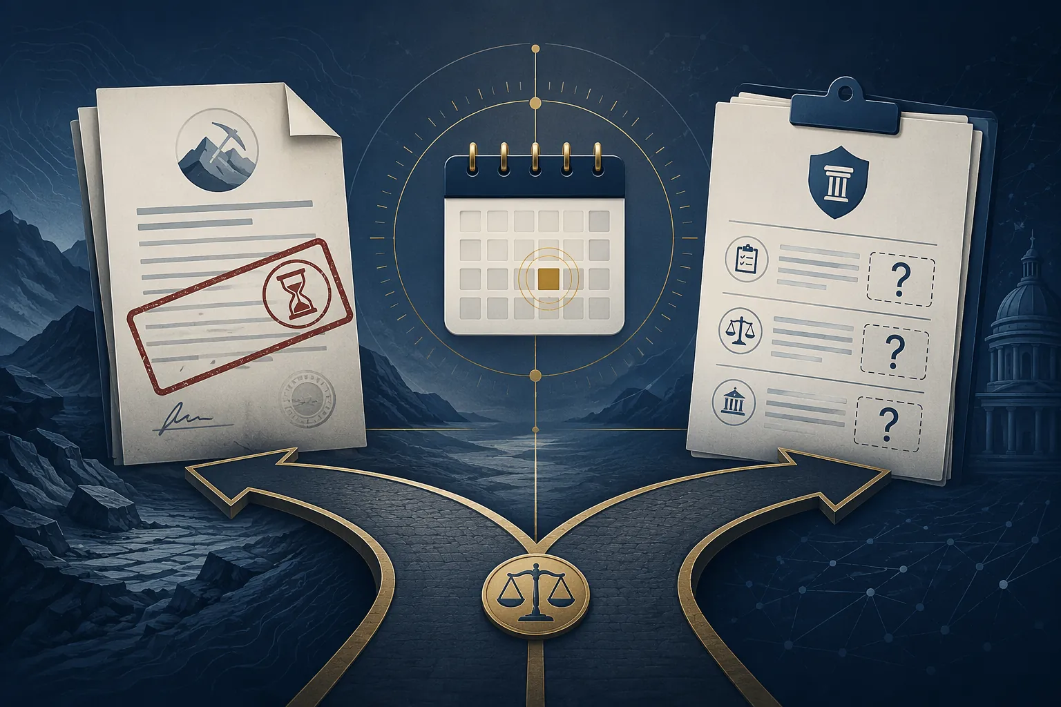 Diverging legal pathways showing NORI contract expiry and TOML pre-regulation compliance challenge