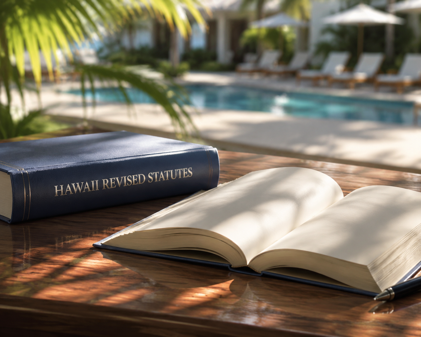 Hawaii Revised Statutes volume open on a desk with a resort pool blurred in the background
