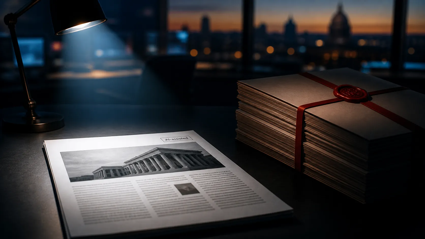 News article with an AI-assisted disclosure beside sealed court documents