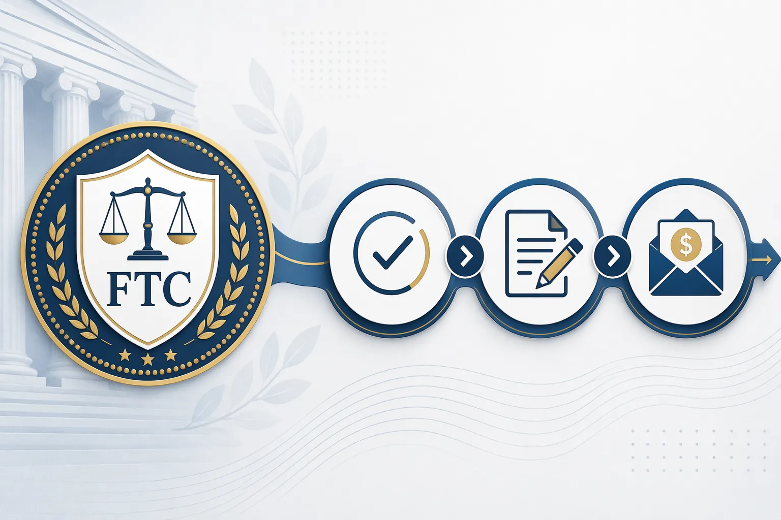 Government redress workflow showing automatic refund, claims filing, and payment stages