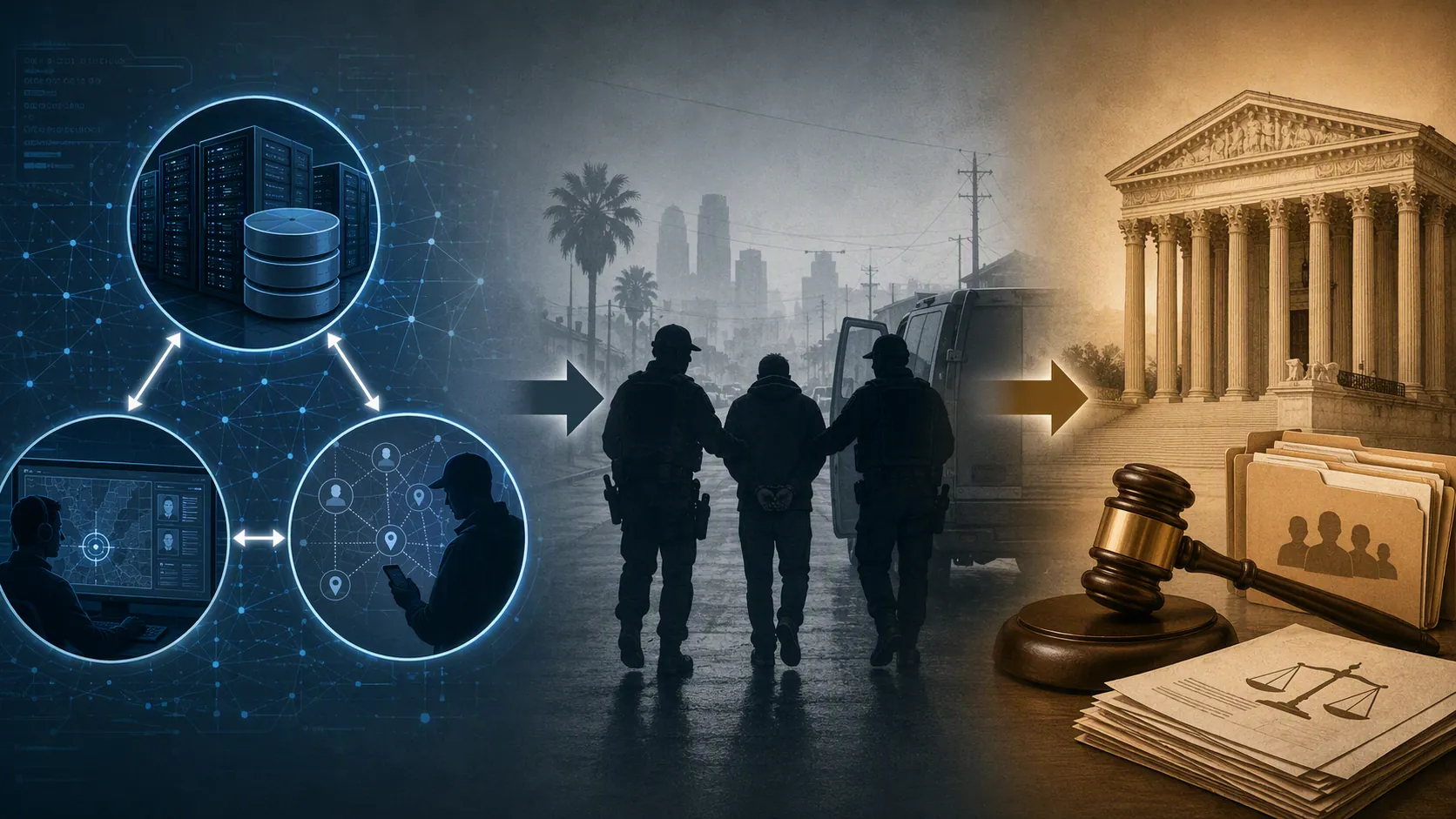 Conceptual flowchart from data systems to street enforcement and courthouse review