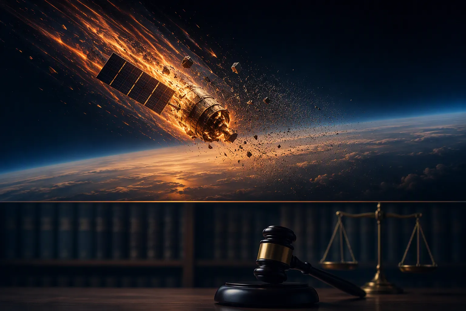 Illustration of satellite reentry pollution separated from a courtroom gavel by a divide