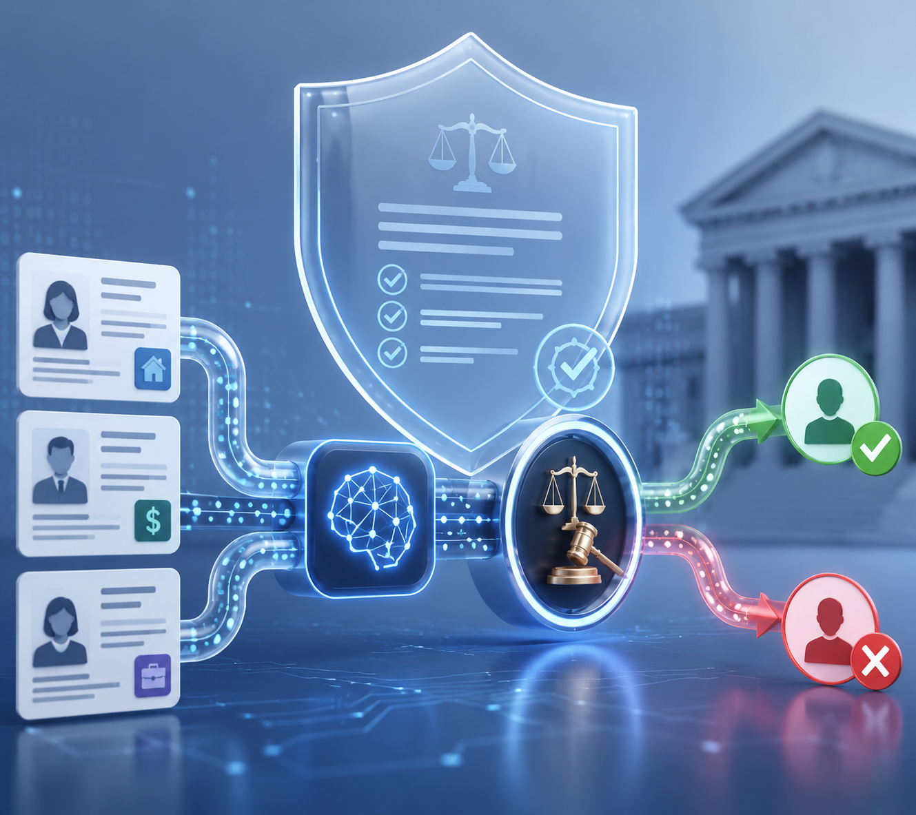 Applicant profile documents flowing into an AI model with legal compliance checkpoint before approval and rejection outcomes