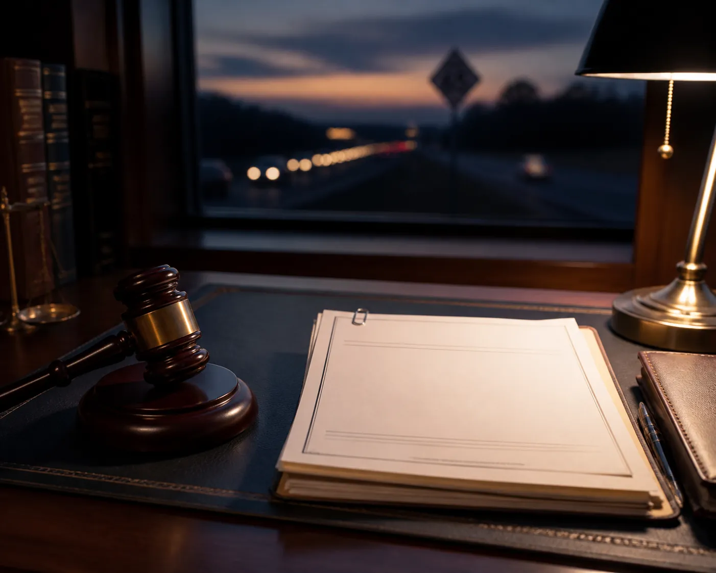 Judge's gavel beside legal case-file documents with a highway and speed-limit sign silhouette in the background