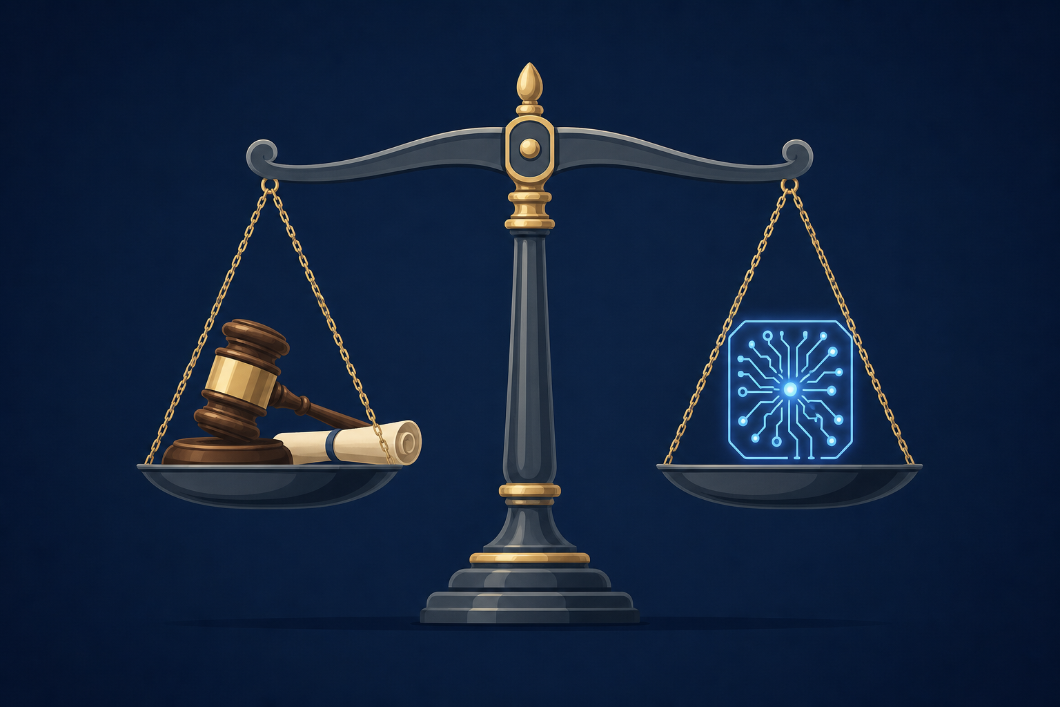 A balanced justice scale with a lawyer's gavel and brief on one side and a glowing circuit-board icon on the other, symbolizing the unresolved tension between traditional legal practice and AI.