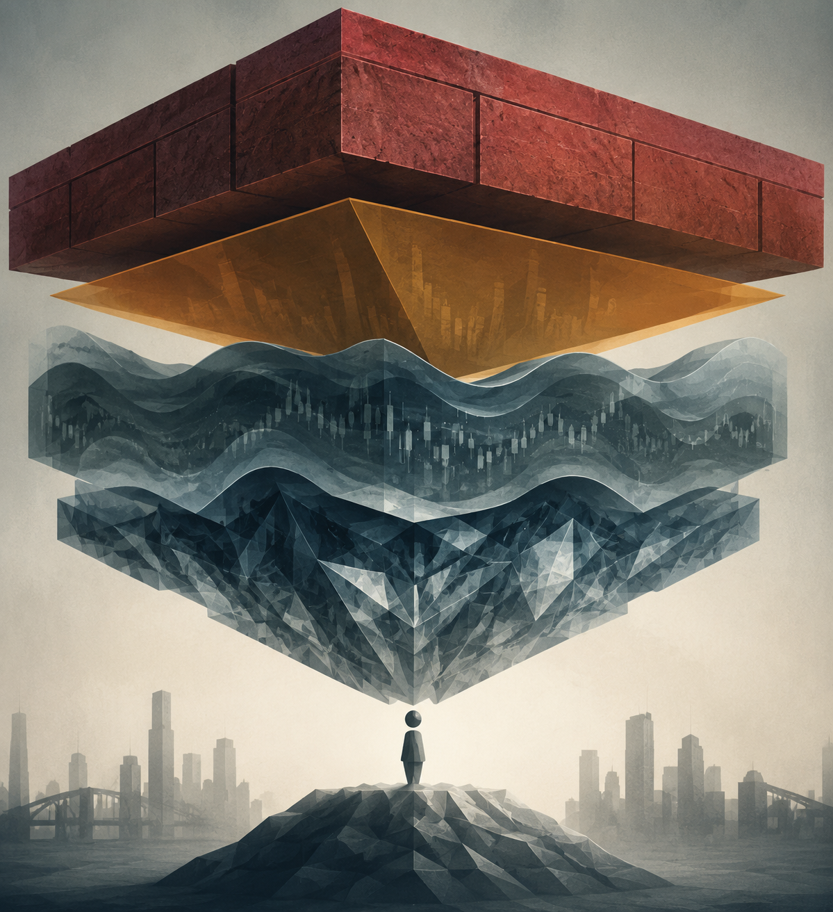 Layered abstract illustration of structural decay, market volatility, concentration, and regulatory constraints in AI chip leveraged ETFs