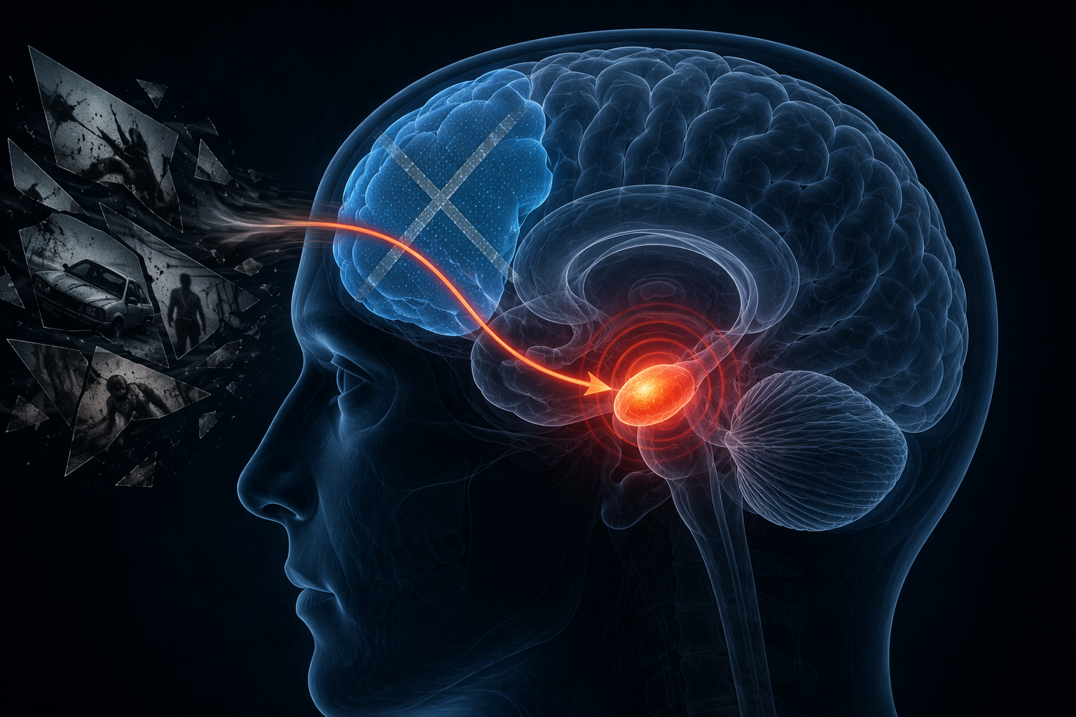 Brain silhouette showing prefrontal cortex and amygdala response to emotional distraction