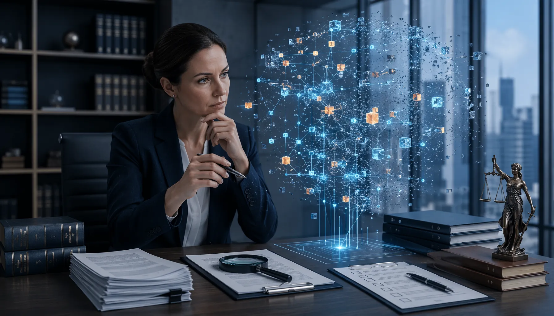 Legal professional examining an unstable AI data structure over documents and procurement checklists