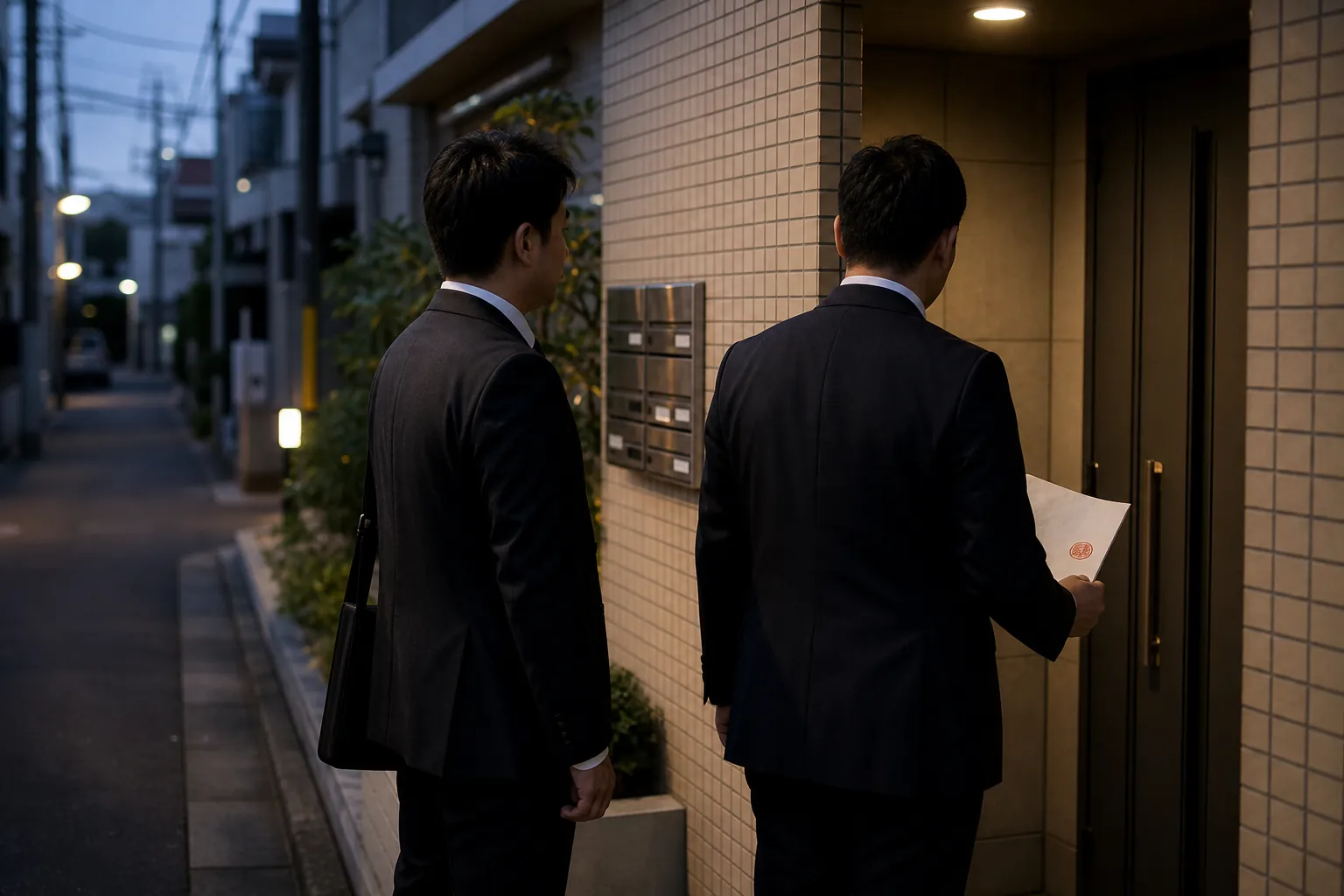 Plainclothes police officers at the entrance of a Japanese apartment building with an official document