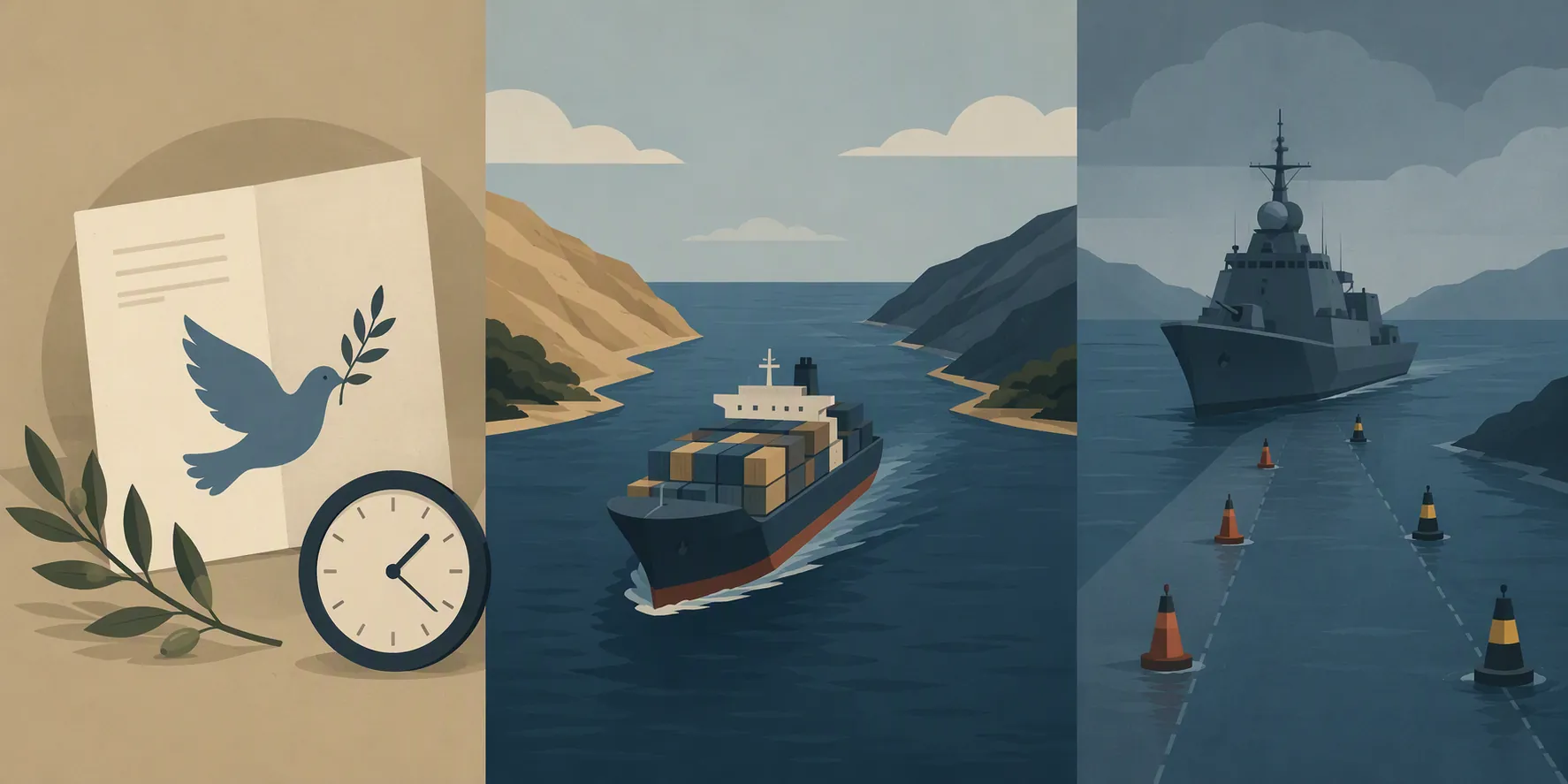 Ceasefire document, merchant ship in a strait, and naval vessel beside marked channel buoys
