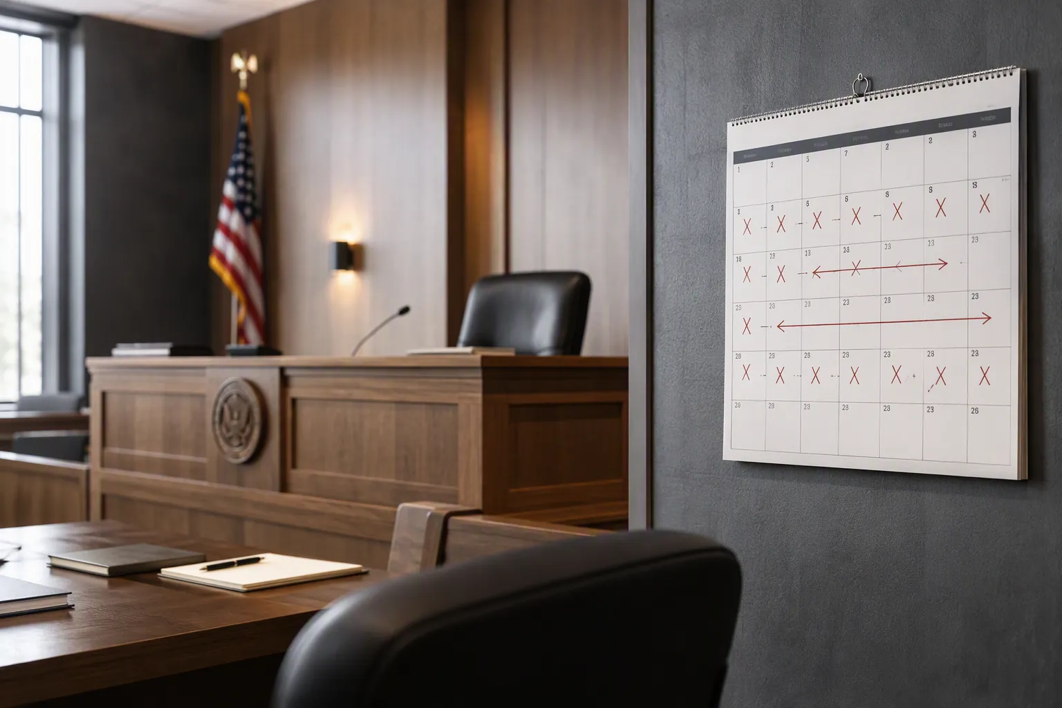 Empty courtroom with crossed-out trial dates on a wall calendar