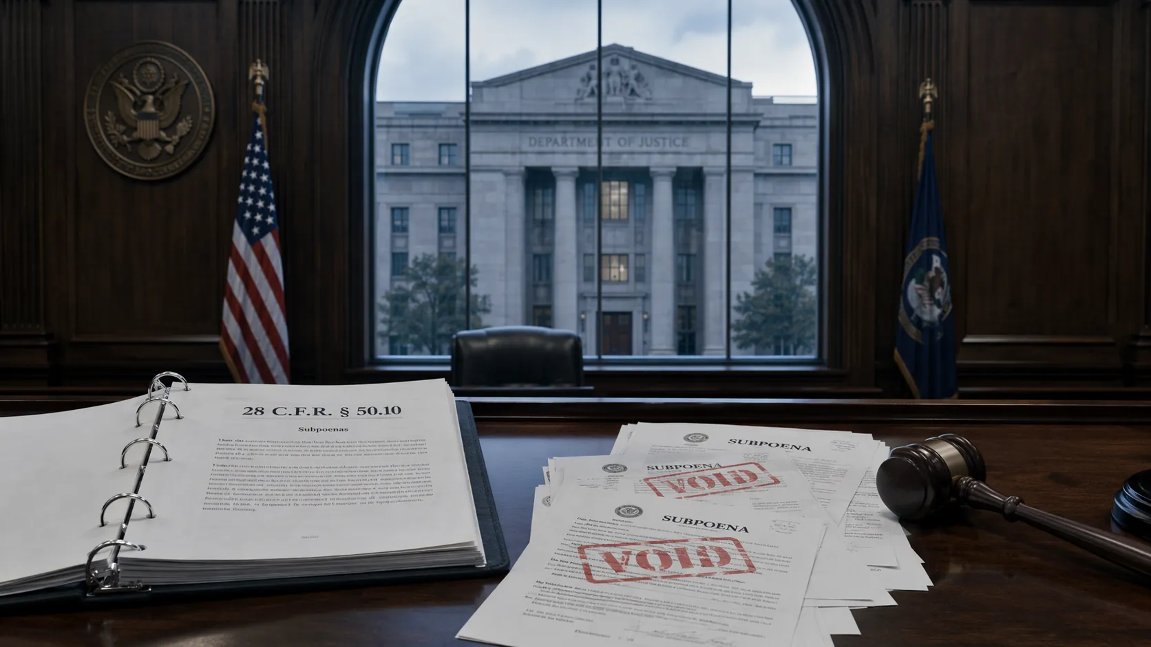 Federal courtroom bench with an open binder labeled 28 C.F.R. § 50.10 and subpoena documents stamped void