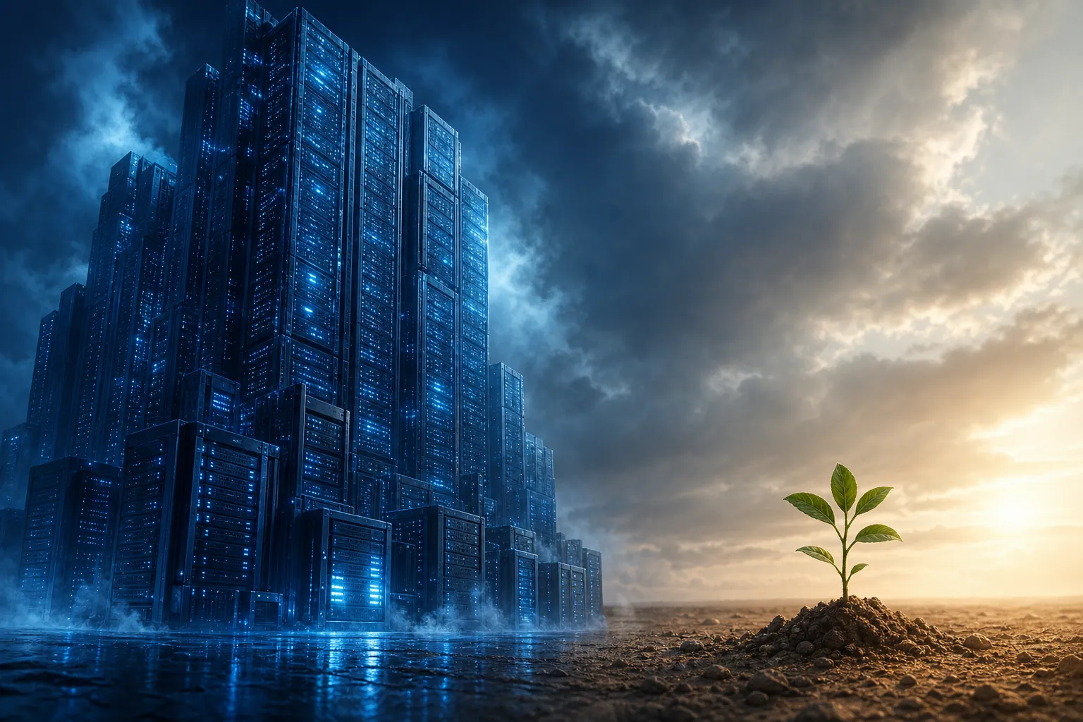 Large AI server structure contrasted with a small green plant