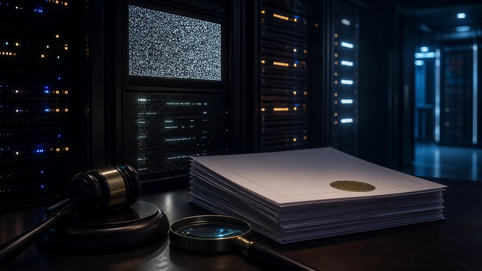 A dark server room with one server rack fading into static beside legal documents and a gavel