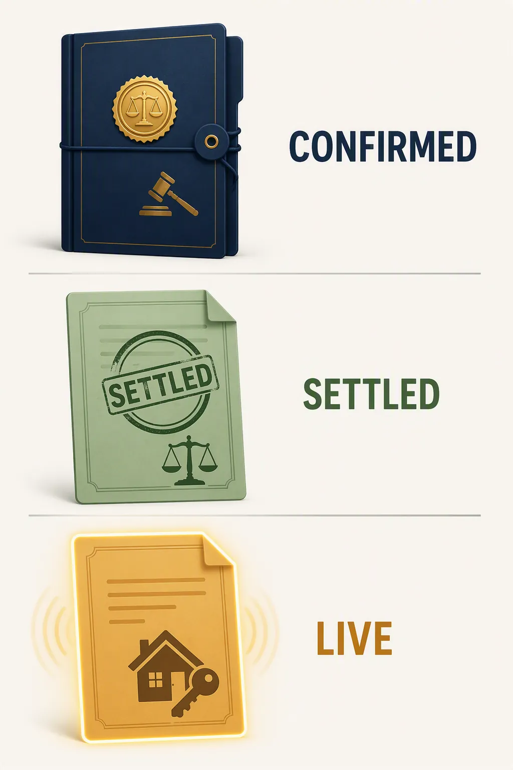 Three separate legal layers marked confirmed, settled, and live