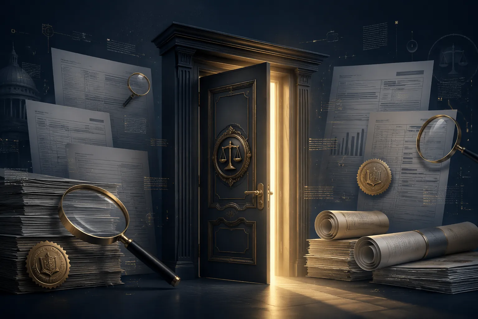 Partially open ornate door surrounded by legal documents, tax forms, and legislative scrolls