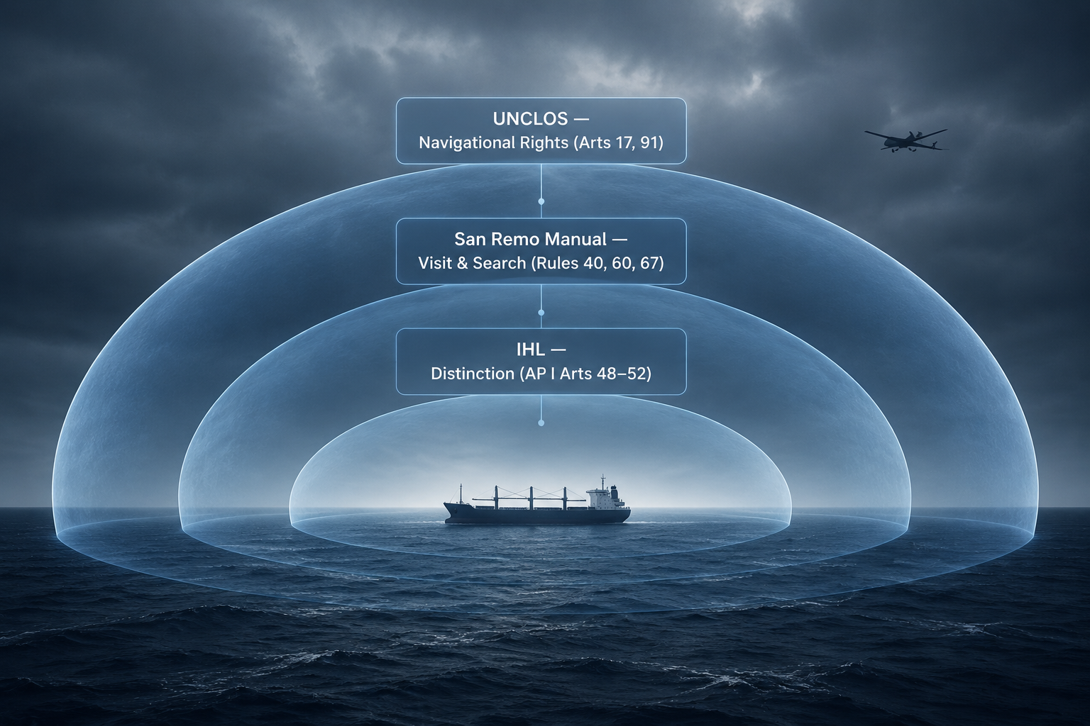 Cargo ship protected by shields labeled IHL distinction principles, San Remo Manual visit-and-search rules, and UNCLOS navigational rights