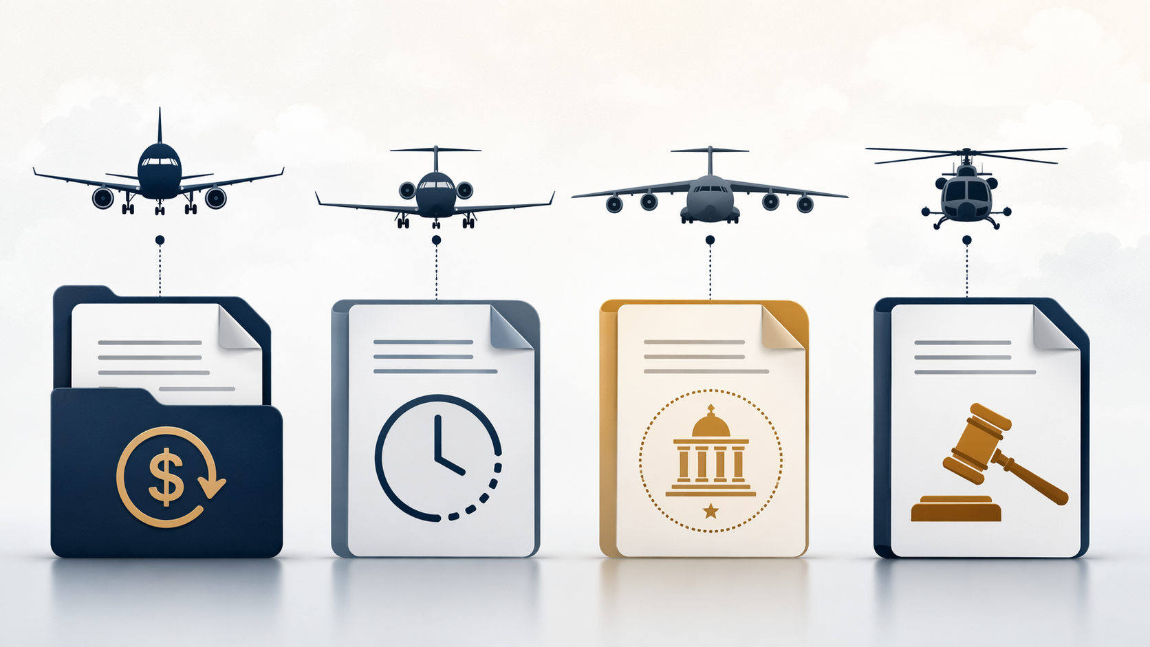 Four legal document icons beneath an aircraft silhouette representing refund claims, delivery delays, government defense contracts, and tort liability