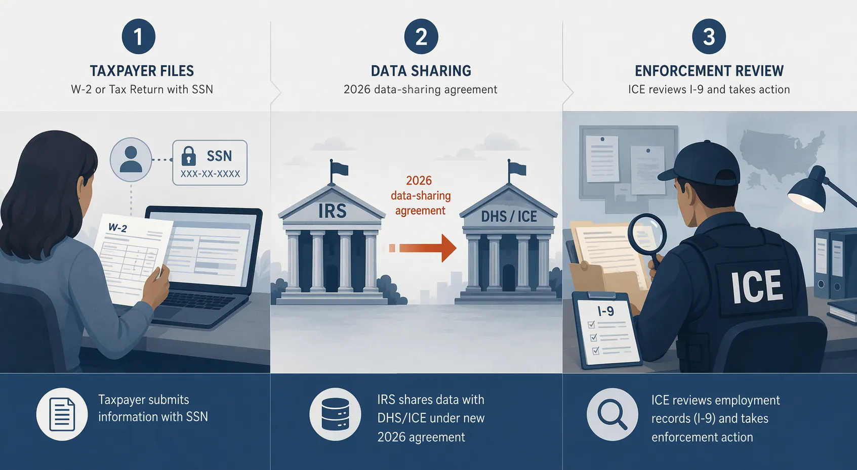 Diagram showing a tax filing with an SSN, IRS to DHS data sharing, and ICE review near an I-9 form