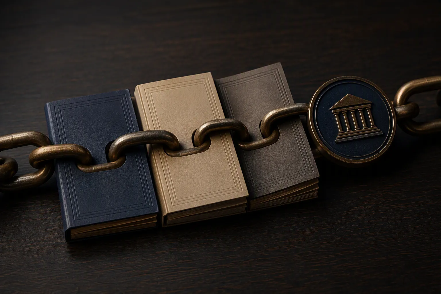Official legal documents and a court seal linked by a heavy chain on a desk