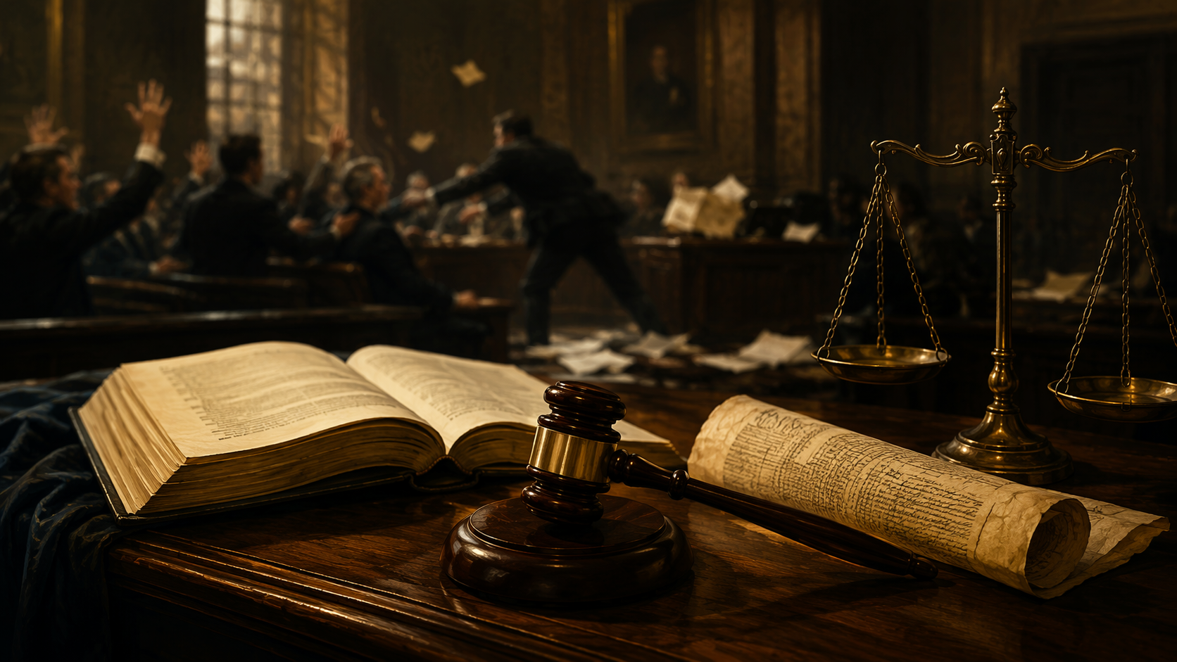 Judge's bench with an open law book, gavel, Constitution, and scales of justice against a chaotic courtroom background