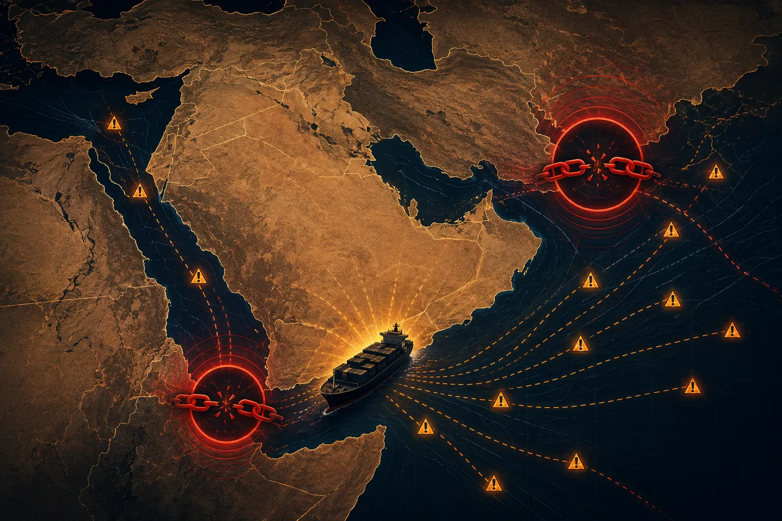 Middle East maritime map highlighting the Strait of Hormuz and Bab al-Mandab Strait as simultaneous chokepoint risks