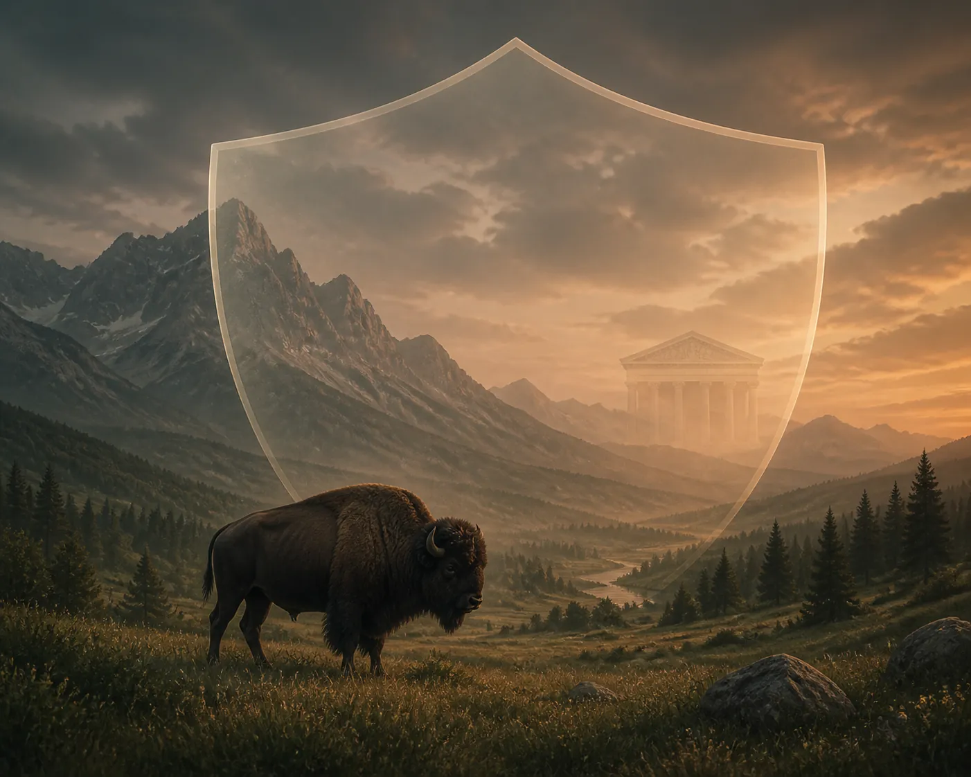 Bison in a mountain meadow with a shield and courthouse columns
