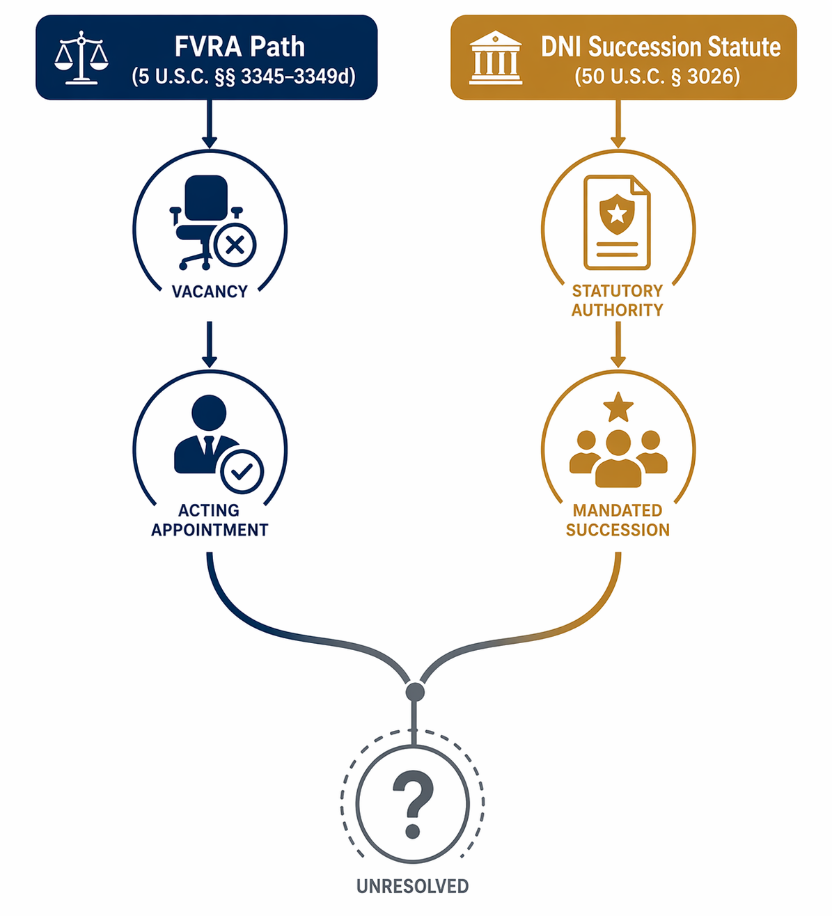A diagram showing two legal pathways labeled FVRA and DNI Succession Statute converging on a question mark.