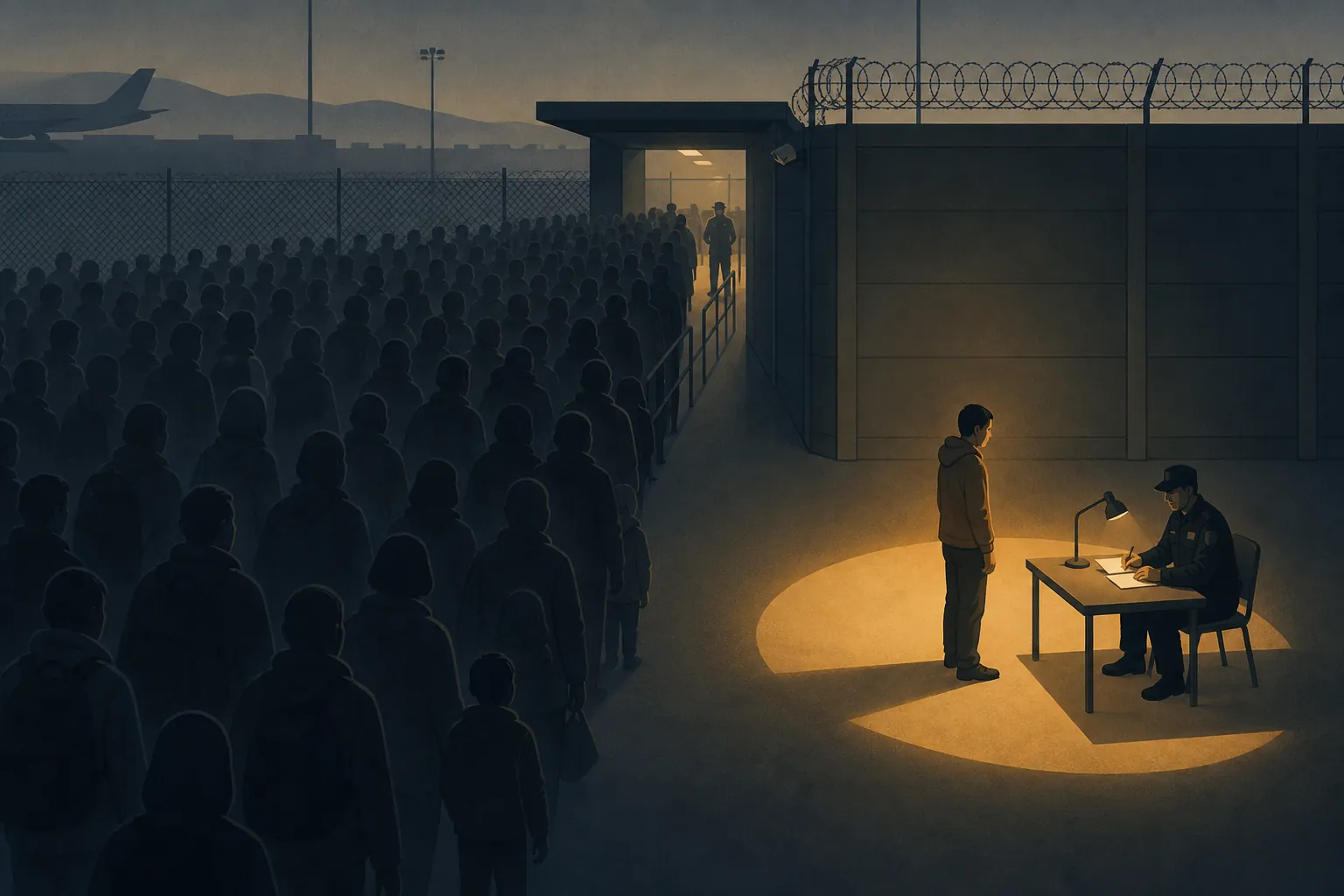 A crowd approaching a checkpoint while one individual is separately screened under a light