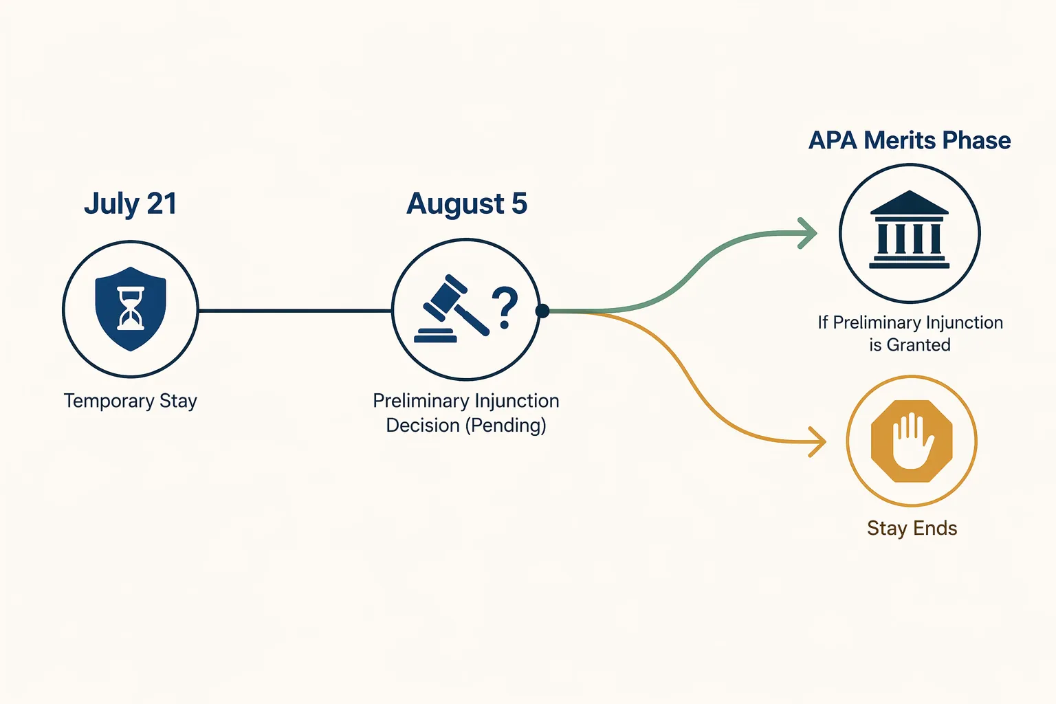Procedural timeline showing July 21 temporary stay, August 5 preliminary injunction decision, and possible APA merits phase