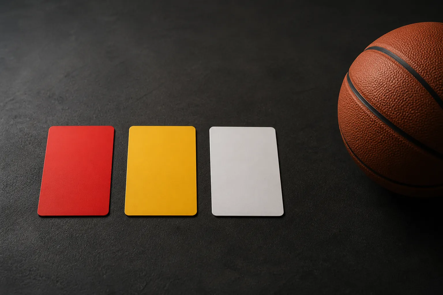 Referee cards beside a basketball showing a range of disciplinary outcomes