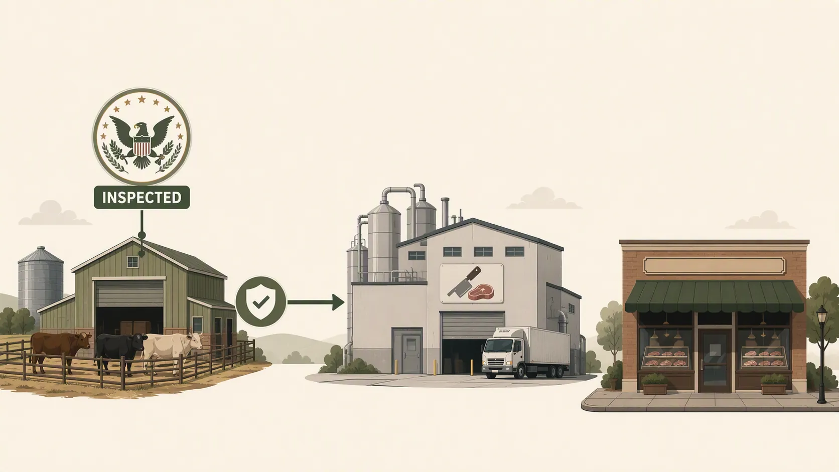 Inspected livestock facility connected to a meat-processing plant and storefront
