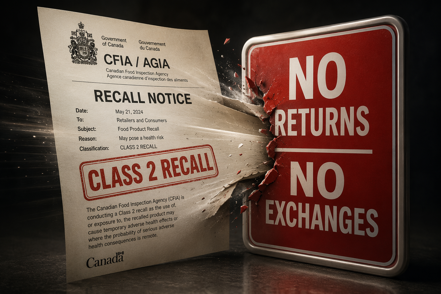 Canadian Class 2 recall document overlapping a no returns and no exchanges store sign