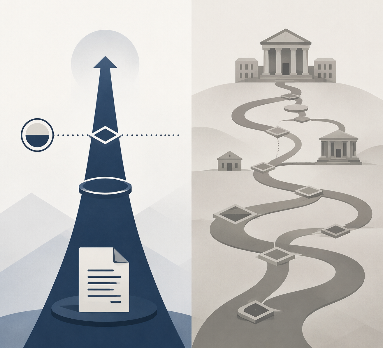 Illustration comparing a direct restructuring route with a more complex court-based route