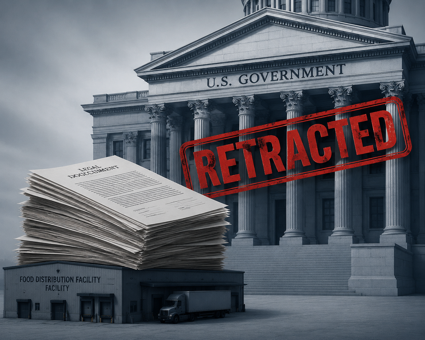 Government building with a retracted stamp and legal documents weighing on a food distribution facility