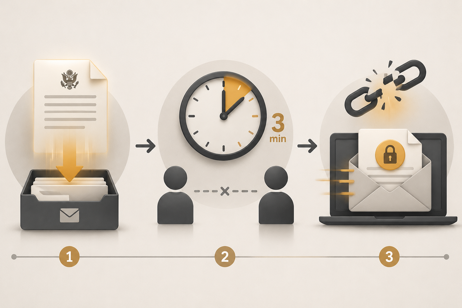 Three-panel timeline showing a subpoena, a three-minute clock, and a broken privilege claim