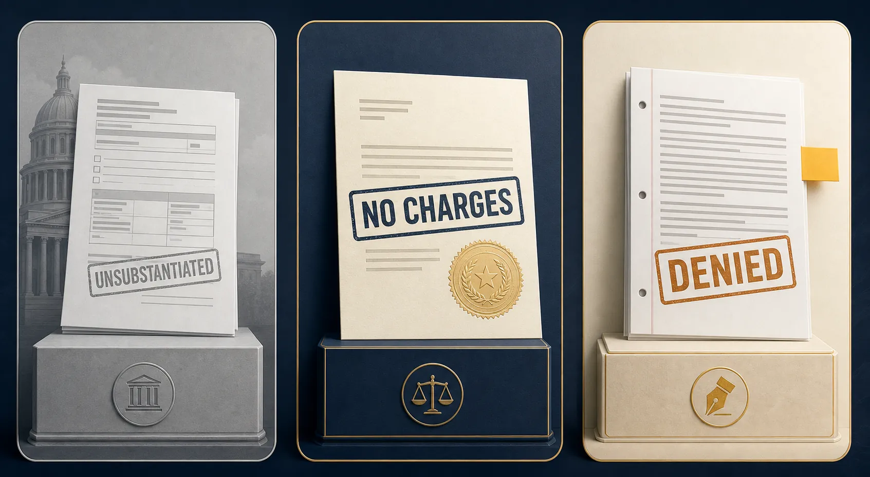 Three document-status cards labeled unsubstantiated, no charges, and denied