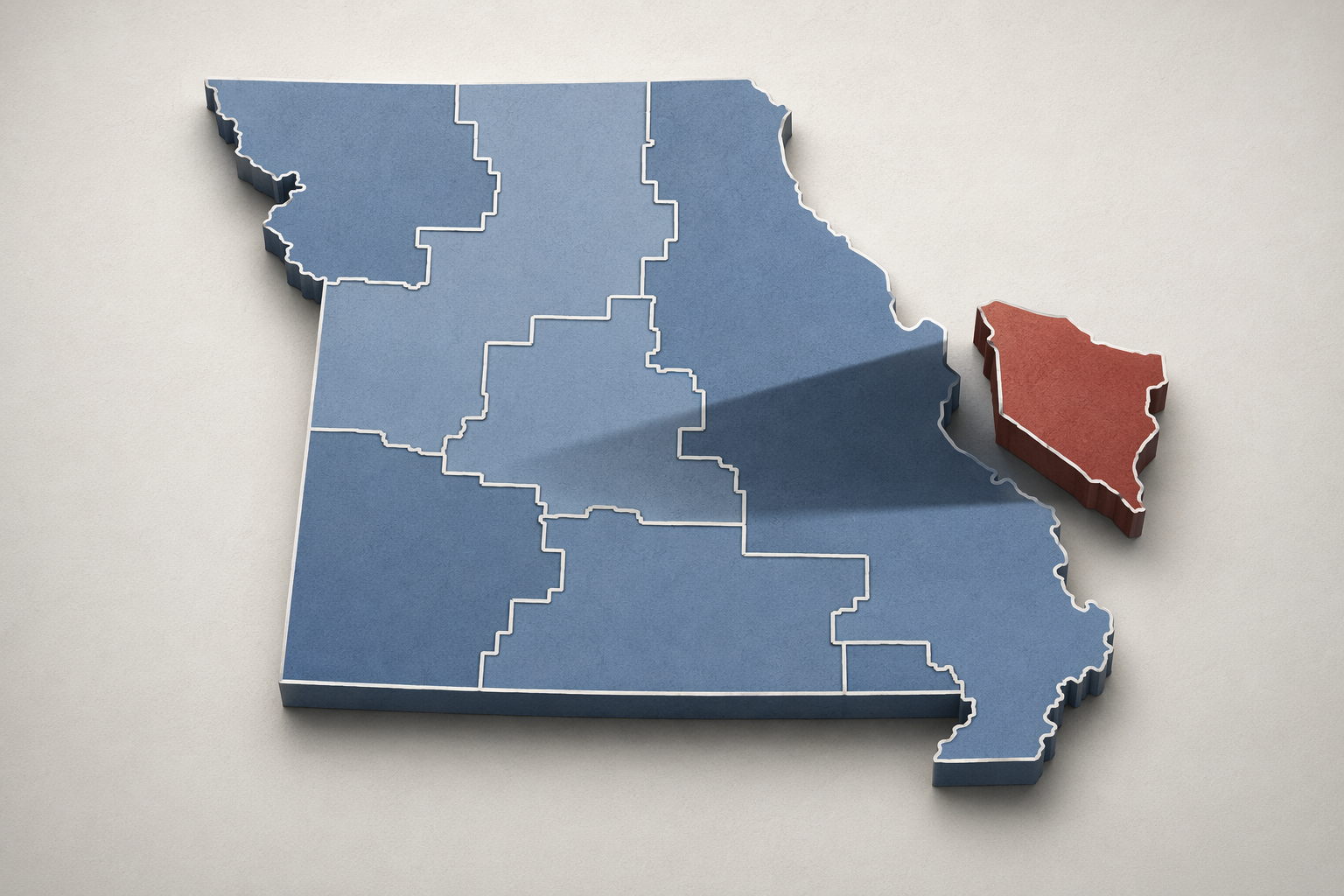 Stylized map of Missouri's eight congressional districts with one district highlighted as a veto point over a statewide majority vote