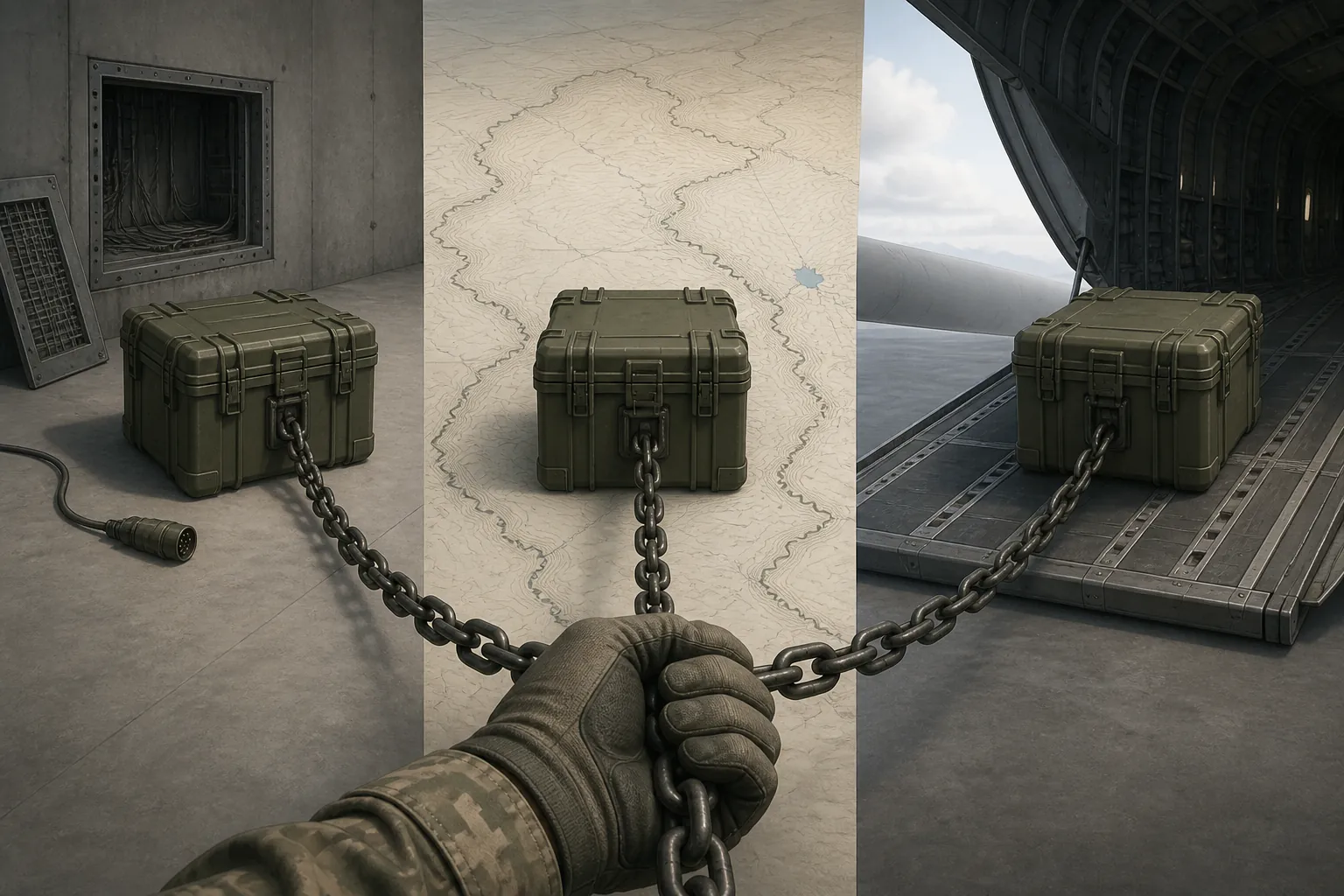 Three sealed military crates shown as disabled, stored, and loaded for transport while one chain runs through all three