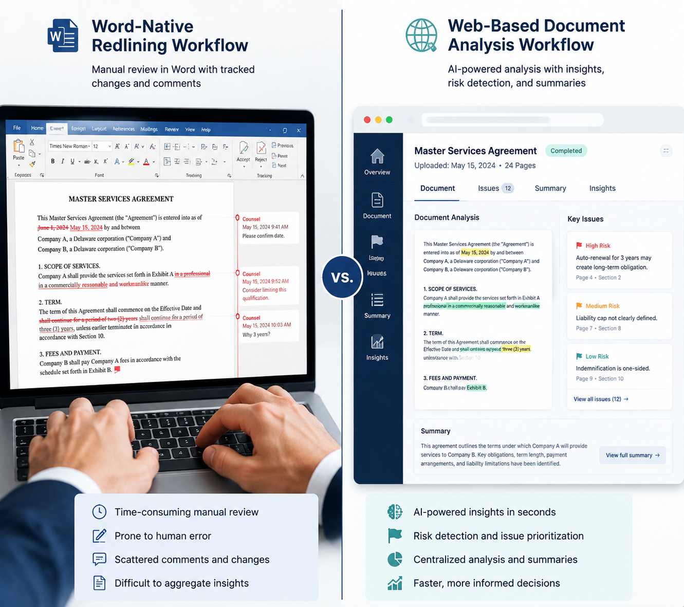 Side-by-side comparison of Word-native redlining and web-based contract analysis workflows