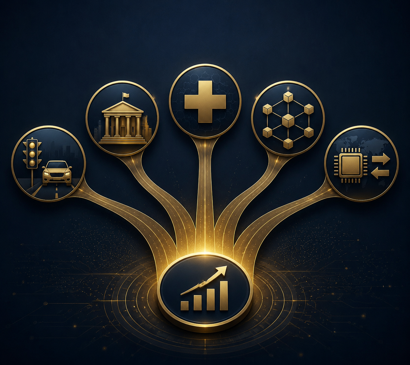 Five regulatory pathways branching from a central portfolio graph toward autonomous vehicle, government procurement, healthcare oversight, crypto regulation, and semiconductor export-control symbols