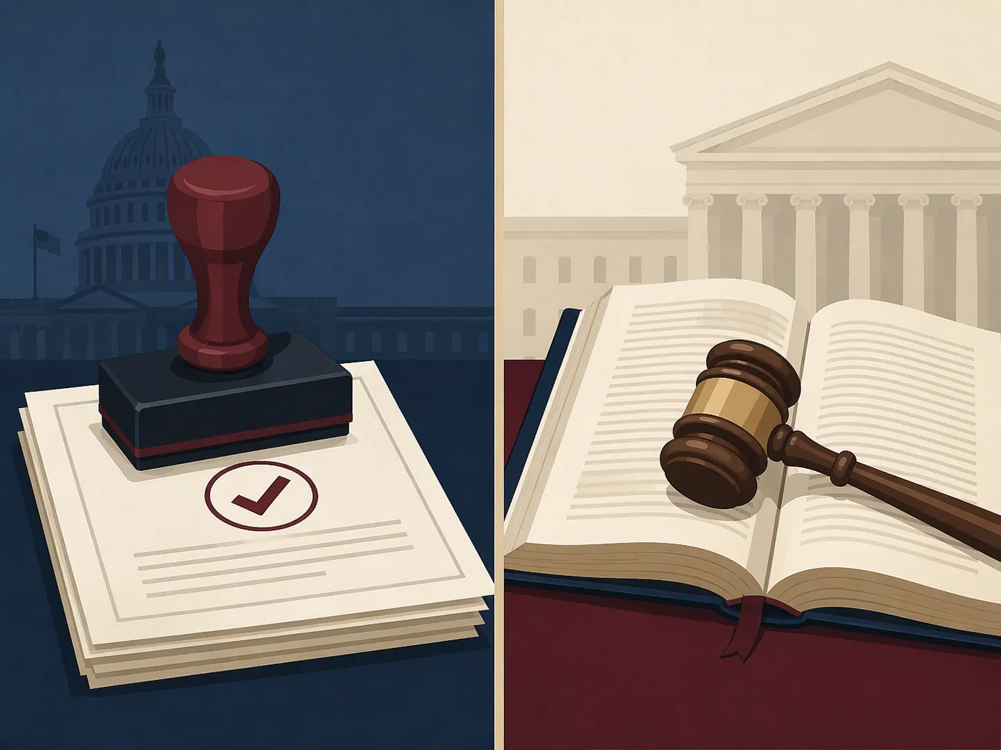 Waiver approval documents under a government stamp contrasted with an open federal statute book and gavel