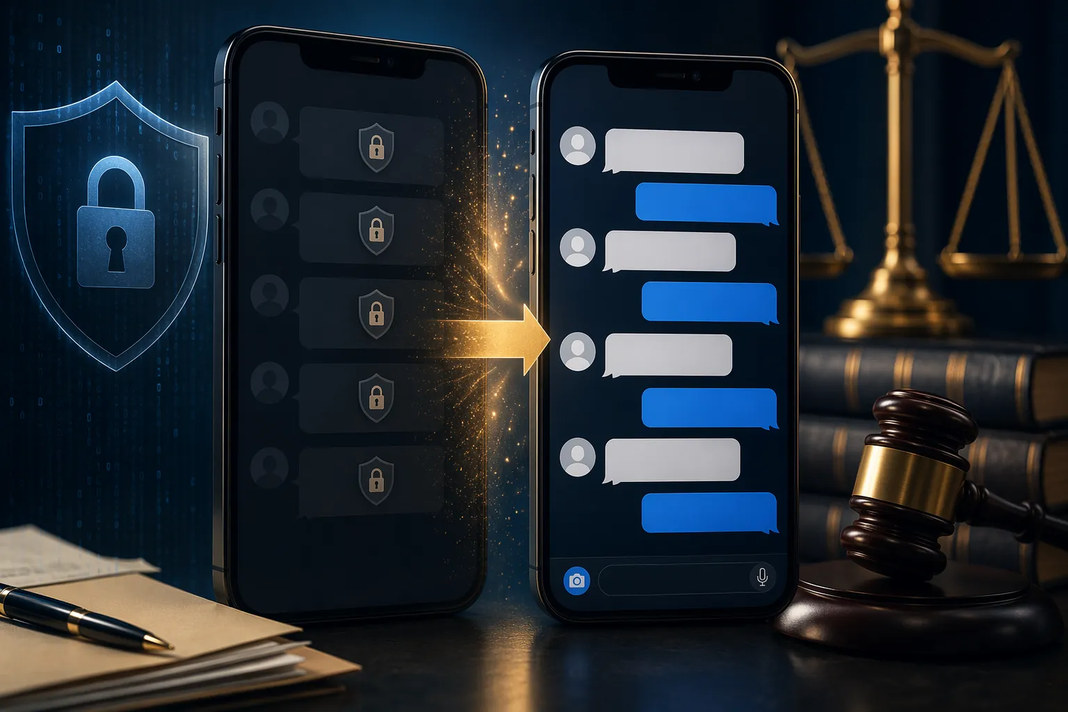 Smartphone showing an Instagram DM conversation shifting from encrypted to accessible with courtroom elements in the background