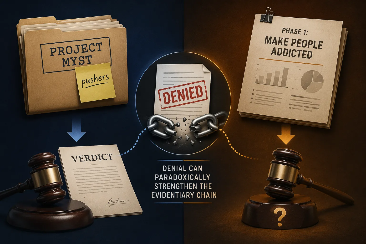 A split graphic comparing internal addiction evidence in a social media case with the Scout memo and a disputed denial