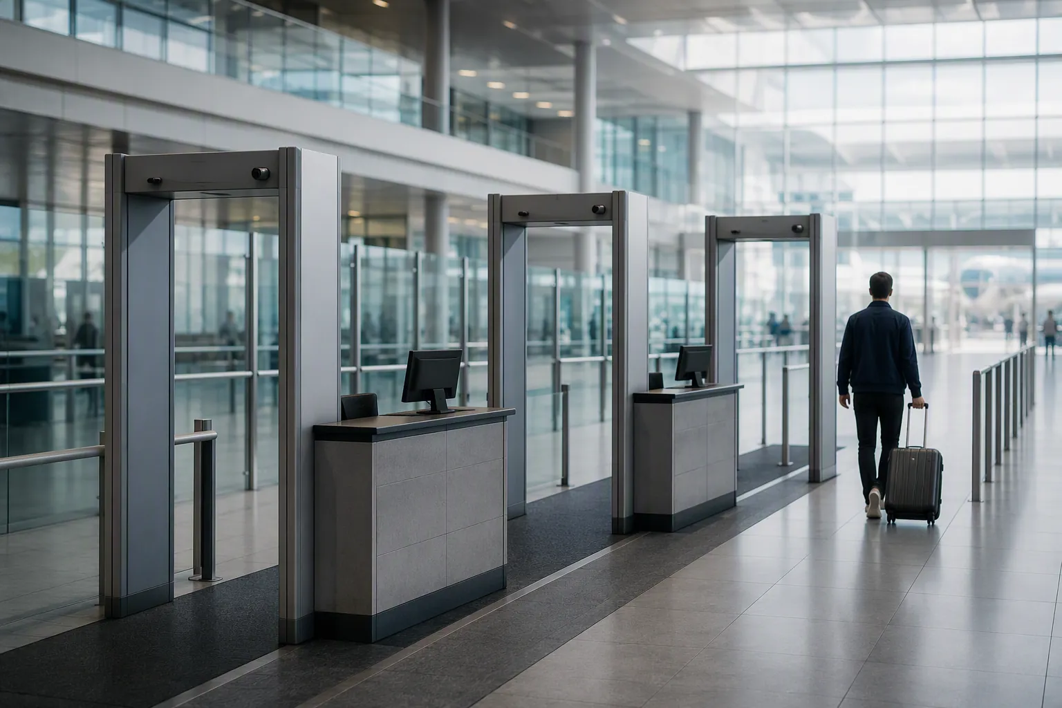 Airport security lane with three sequential gate structures symbolizing layered screening conditions