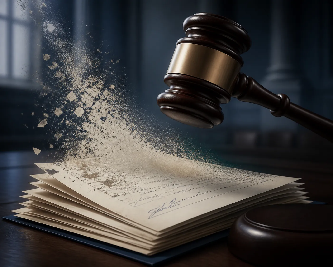 Judge's gavel over signed settlement documents as the top document dissolves