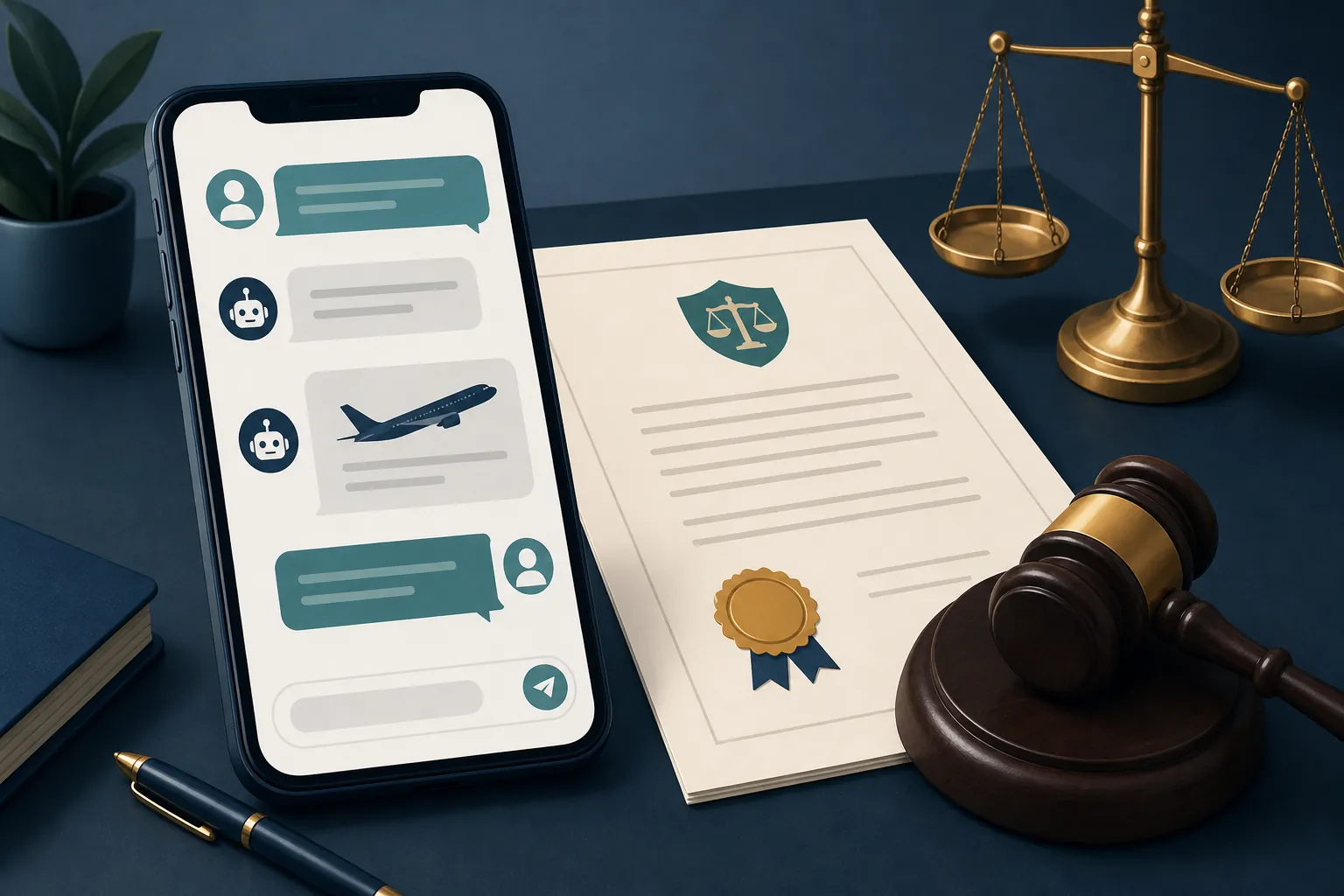Smartphone customer-service chat beside legal documents and scales showing airline chatbot answers as legal records