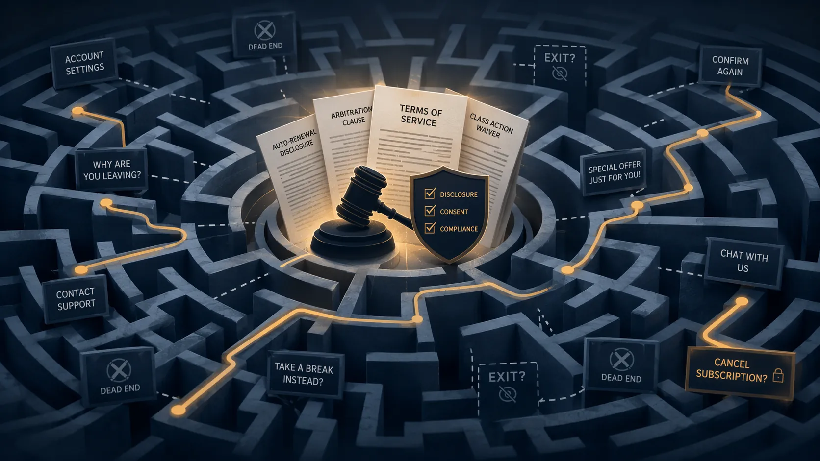 Maze-like subscription cancellation pathway connected to legal documents, a gavel, and compliance checkmarks
